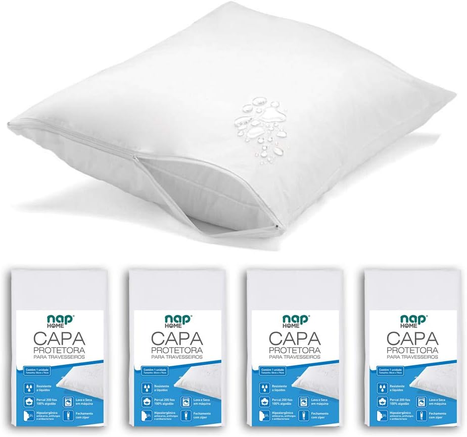 Kit 4 Capas de Travesseiro Nap Home Impermeável - Não faz ruído - 200 Fios 50x70cm Branco